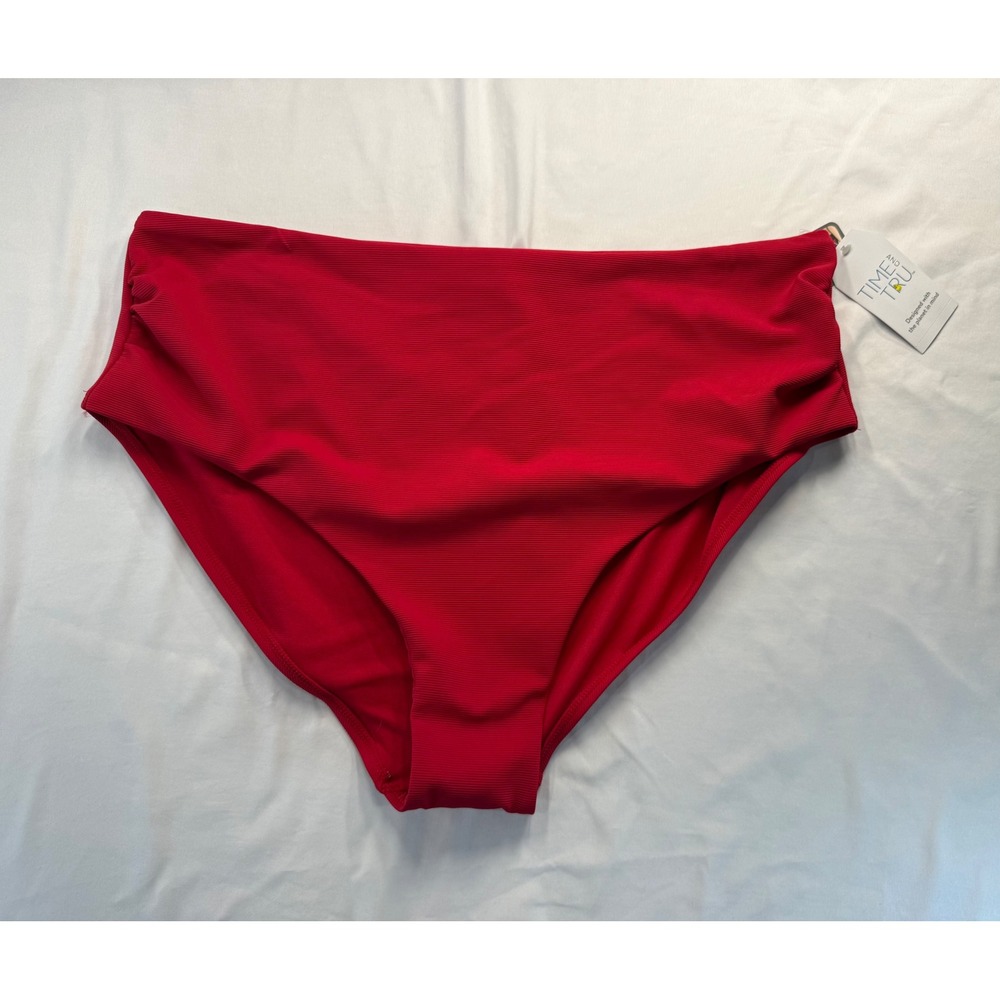 Time and Tru Women Ribbed High Waist Bikini Swim Bottom 2X 20W-22W Red NEW